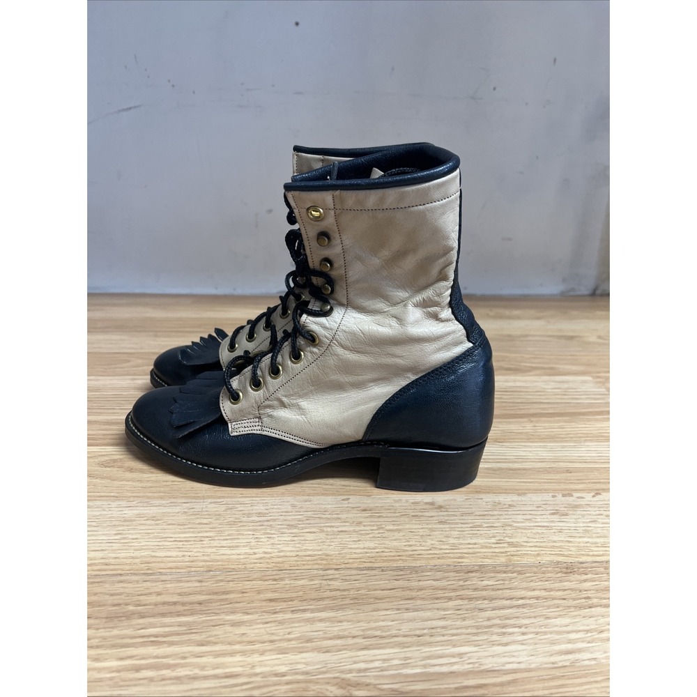 Olathe Western Packer Boots 7B USA Made Lace Up Navy Blue And Cream Color‎